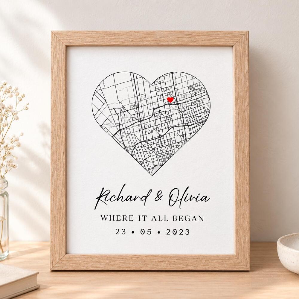 Personalized Heart Map Print&Frame, Wedding Anniversary Gift, Engagement First D